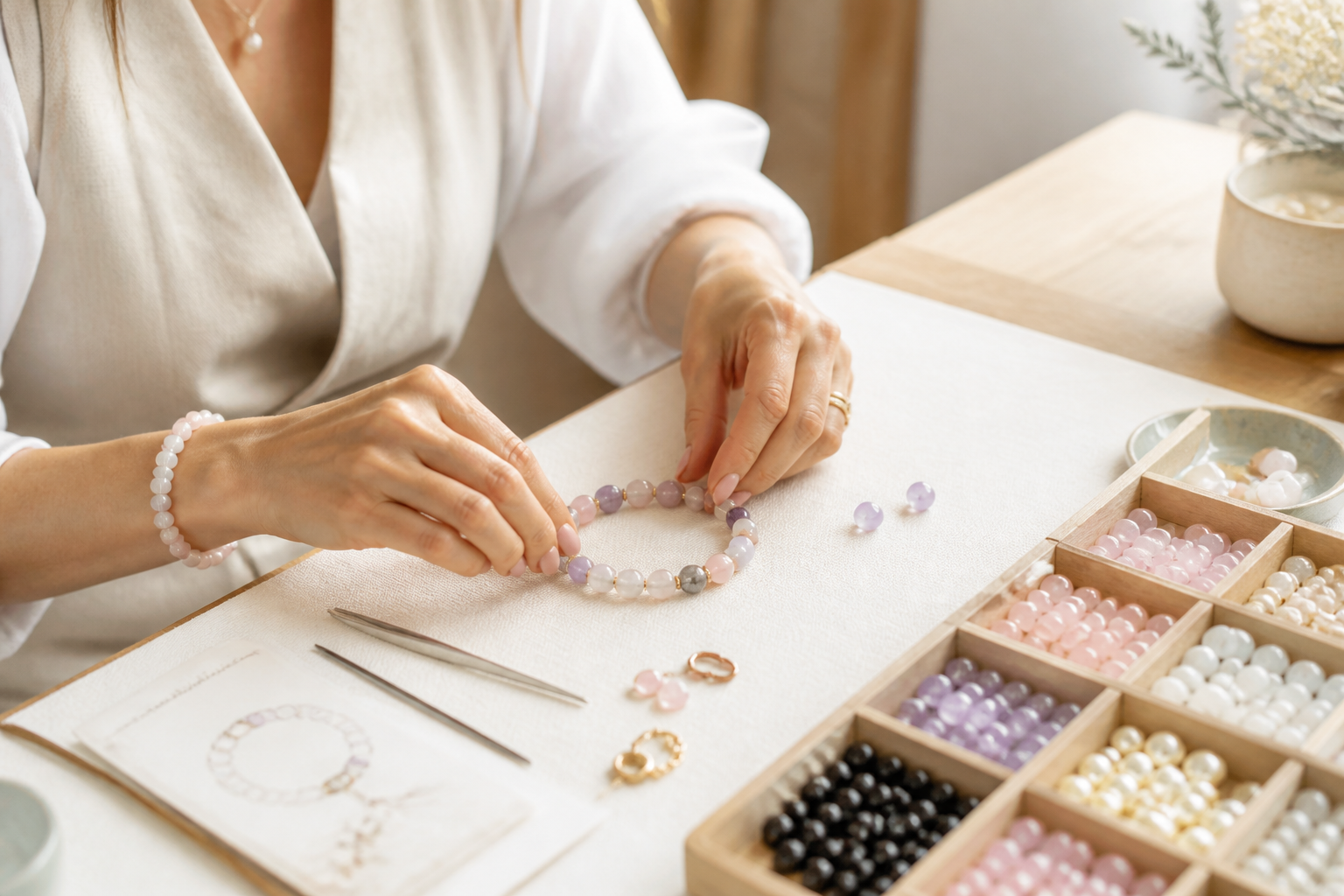 Designer making a private custom crystal bracelet