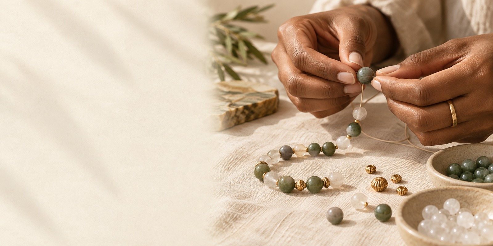 Hands arranging green gemstone beads on a jewelry cord
