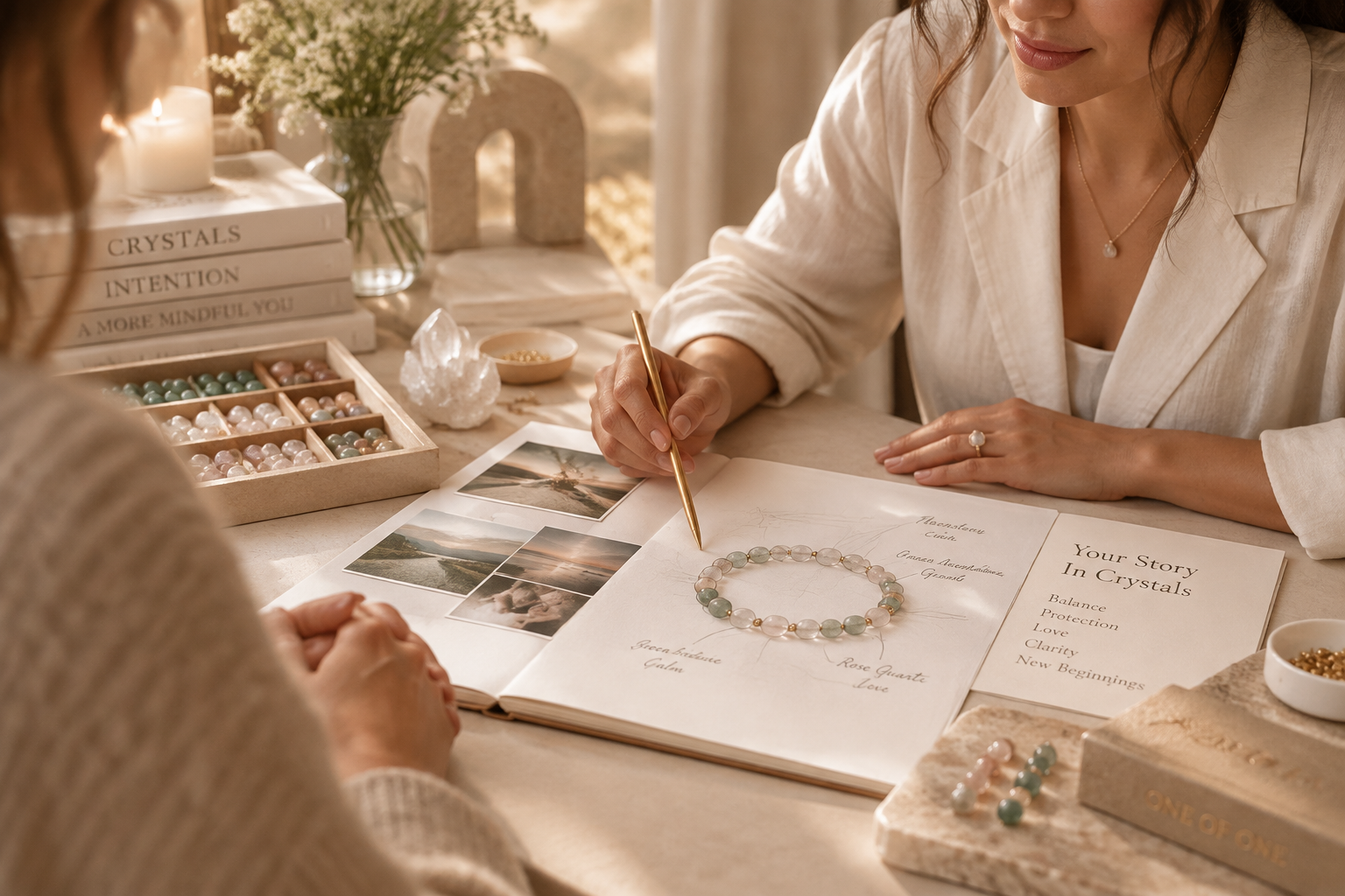A hand holding a phone with crystal bracelet design inspiration