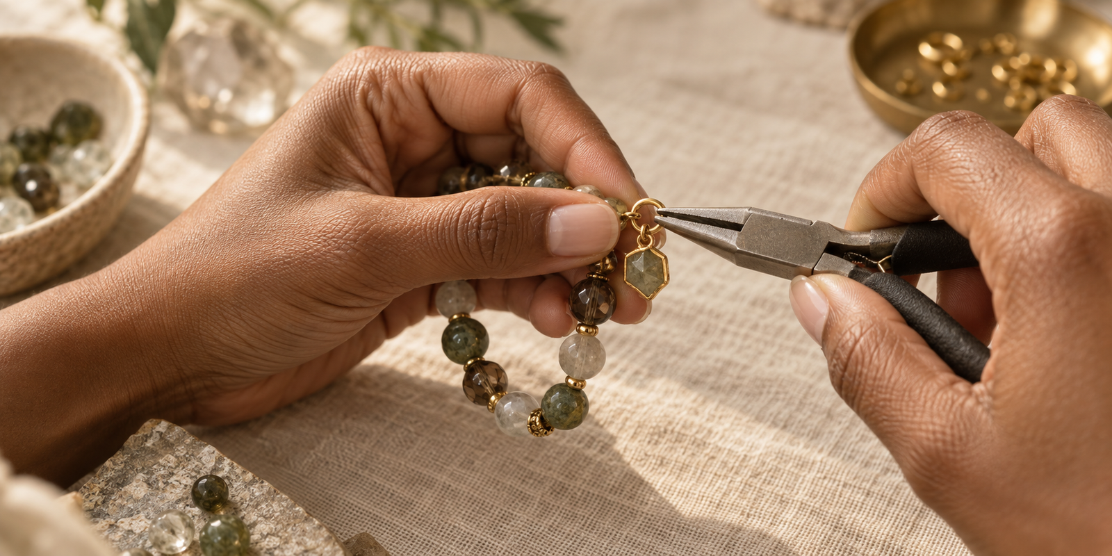 Artisan hands assembling gemstone jewelry