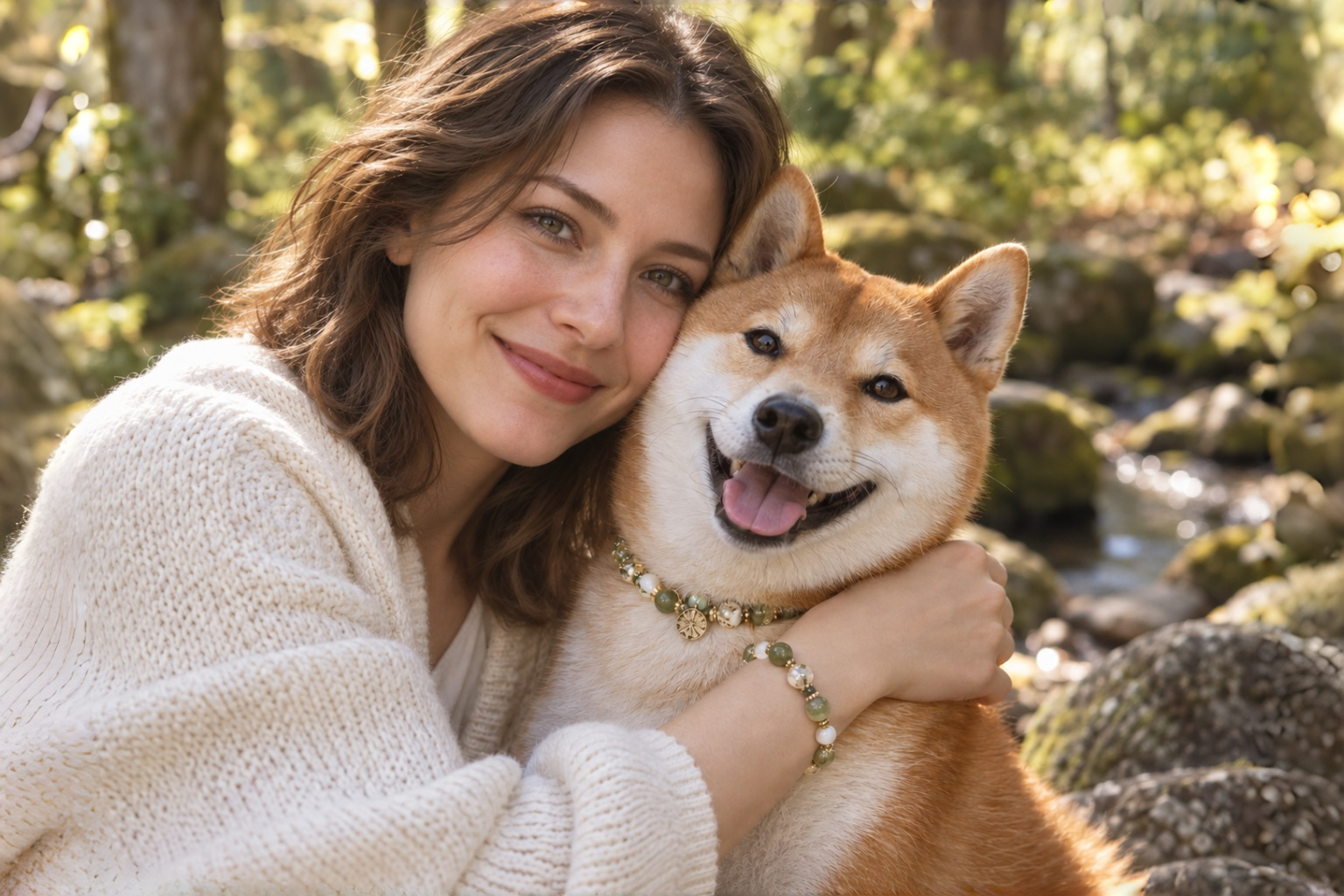 Dog and owner wearing coordinated crystal jewelry