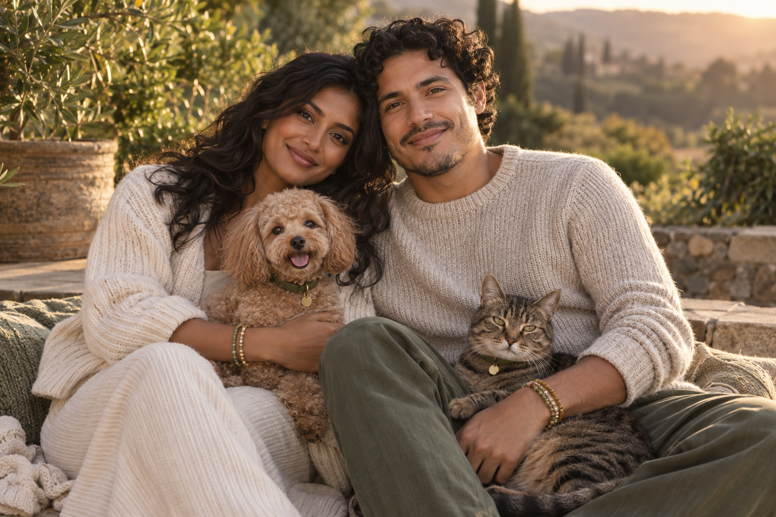 Couple and pets with personalized crystal jewelry