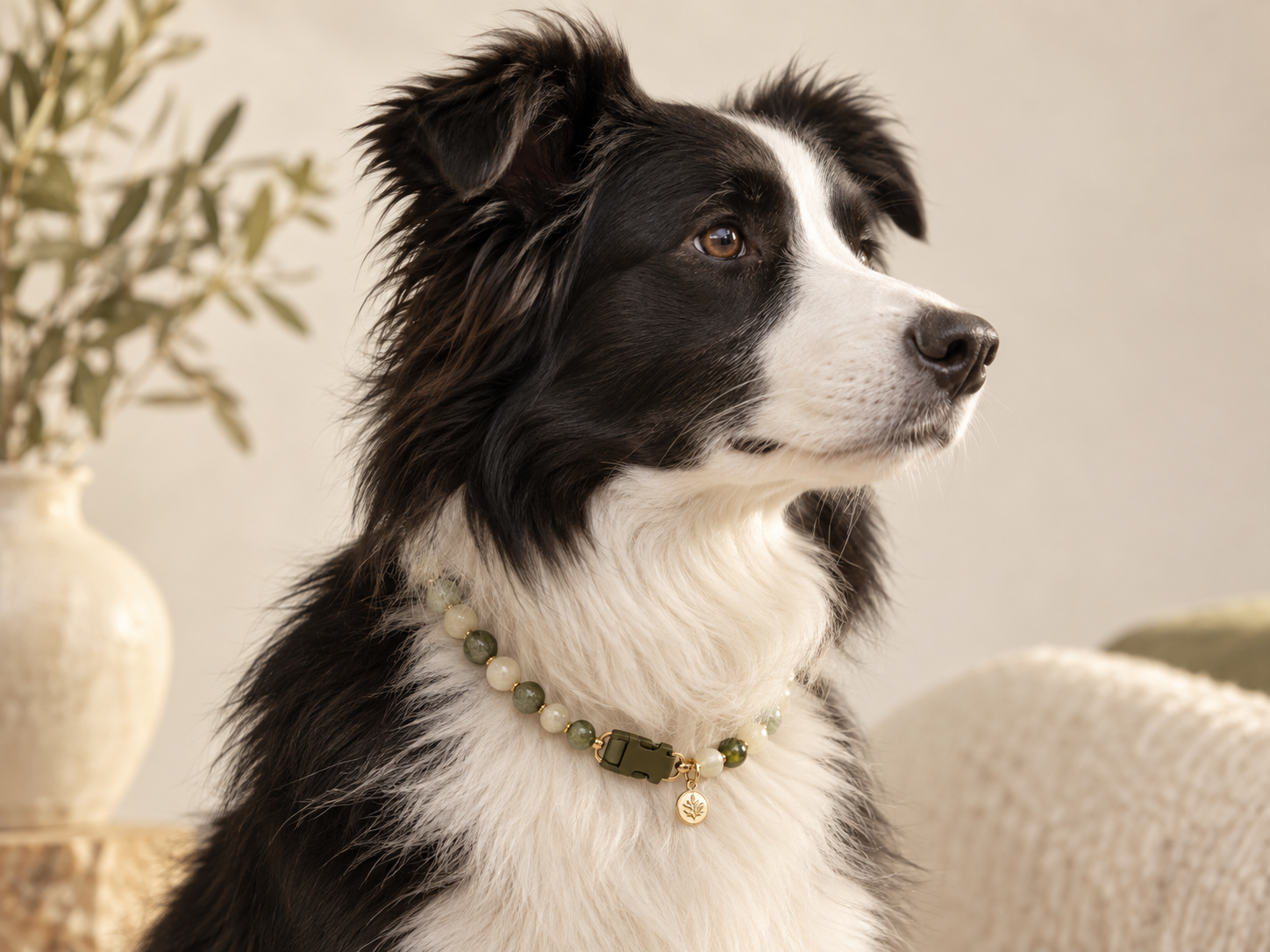 Dog wearing decorative crystal jewelry