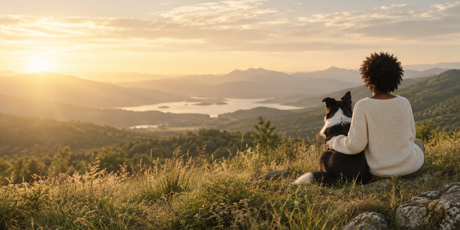 Woman and dog looking over a mountain landscape